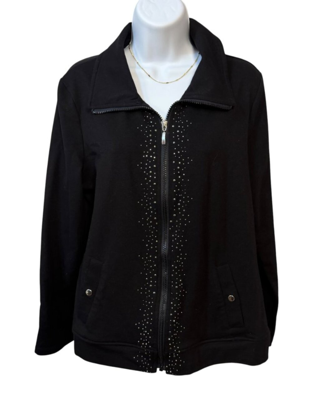 Laura Ashley Petite Large Black Rhinestone Zip Athleisure Jacket